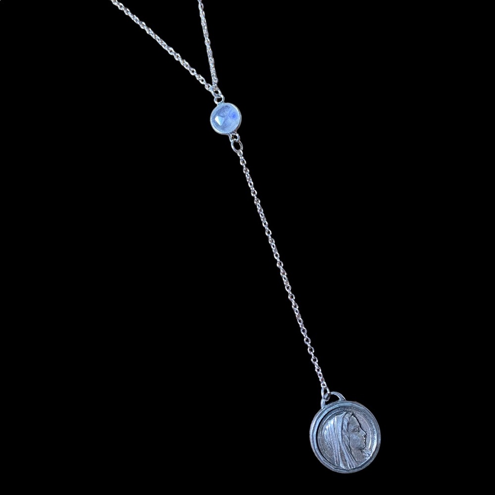 Virgin Mary Moonstone Drop Necklace Sterling